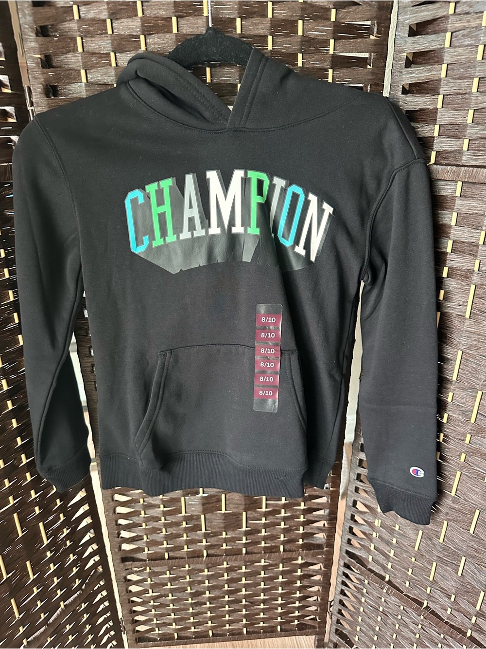 Champion Black Crewneck Hoodie with Green and Teal Logo- Size 8/10